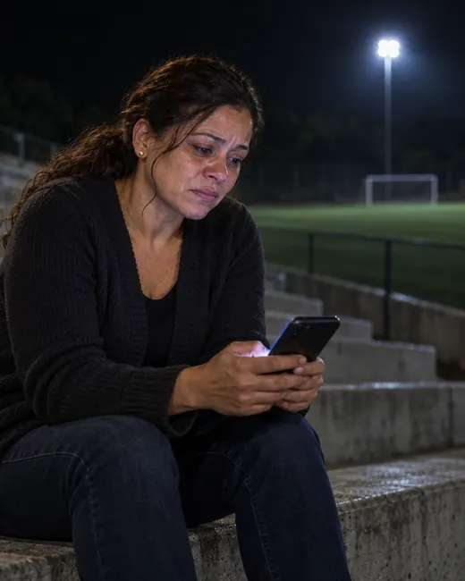 Mãe sozinha na arquibancada à noite, olhando o celular, preocupada