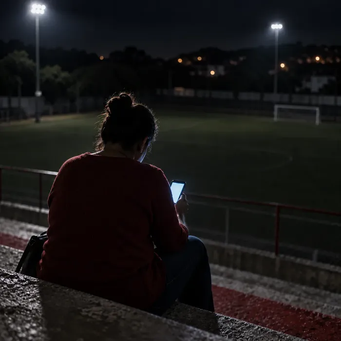 Mãe sozinha na arquibancada à noite, olhando o celular