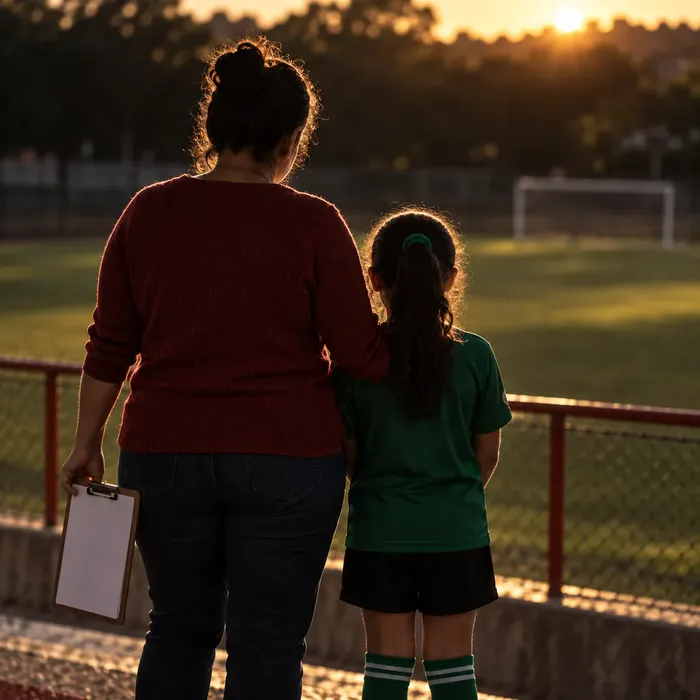 A mesma mãe ao lado da filha de uniforme verde, as duas olhando o campo no fim da tarde
