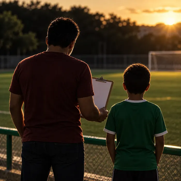 O mesmo pai no fim da tarde, com uma prancheta na mão, ao lado do filho de camisa verde